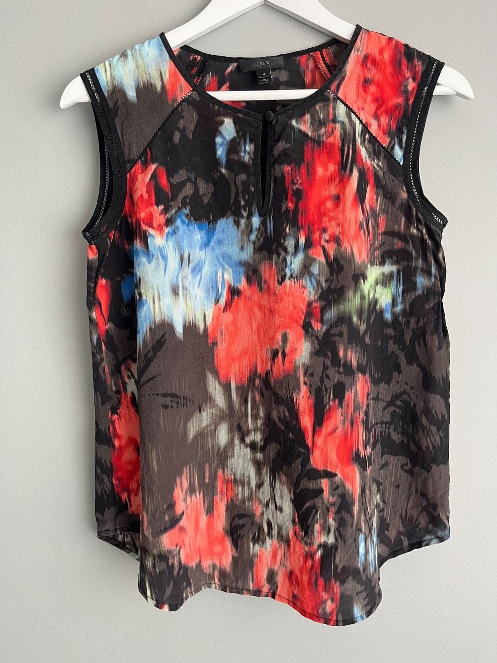 J.Crew Silk Blouse Womens 4 Sleeveless Abstract Print Black Red Lace Trim Luxury